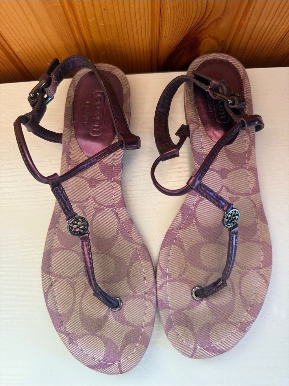 Coach Signature Purple and Gunmetal  T-Strap Sandals